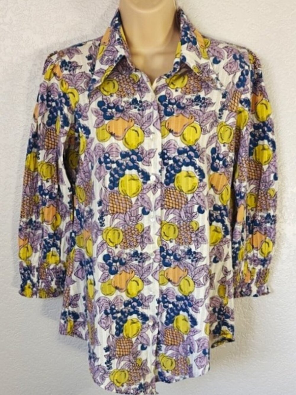 Jisora S Cotton Button Down Tunic Blouse Long Sleeve Smocked Cuffs Fresh Fruit